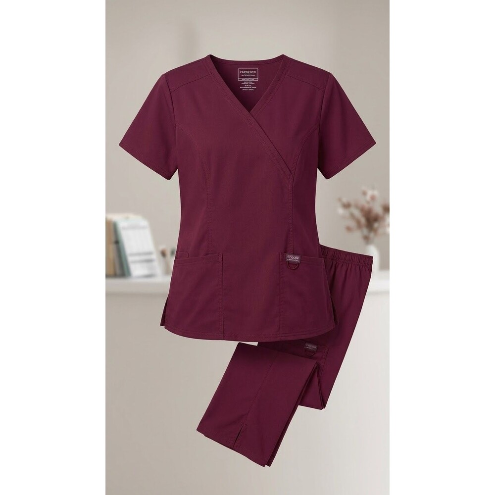 Cherokee Workwear Revolution Scrub Set M Wine Burgundy V-Neck Cargo Pants